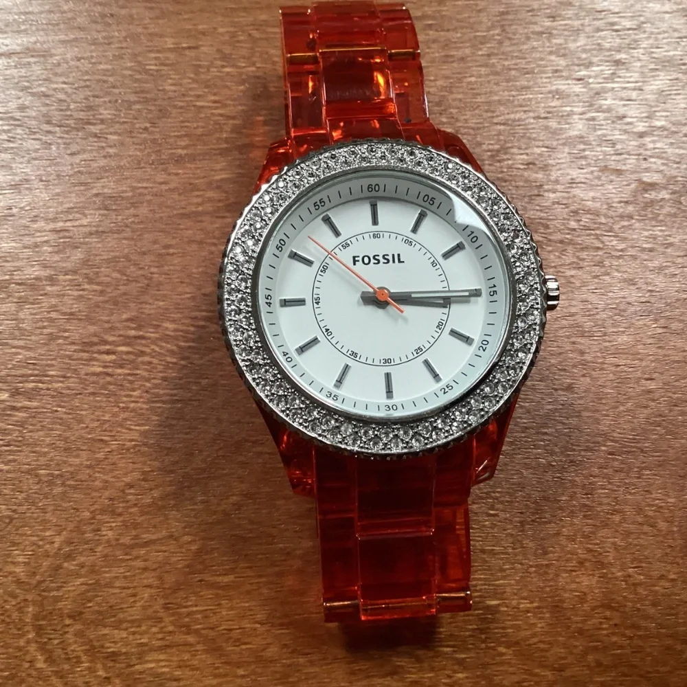 Fossil Stella Orange Acrylic Women’s Watch With Crystal Accented Bezel ES 2453
